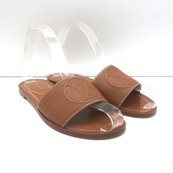 Louis Vuitton Lock It Flat Mules Brown Leather Size 37 Open Toe Sandals - Picture 1 of 13